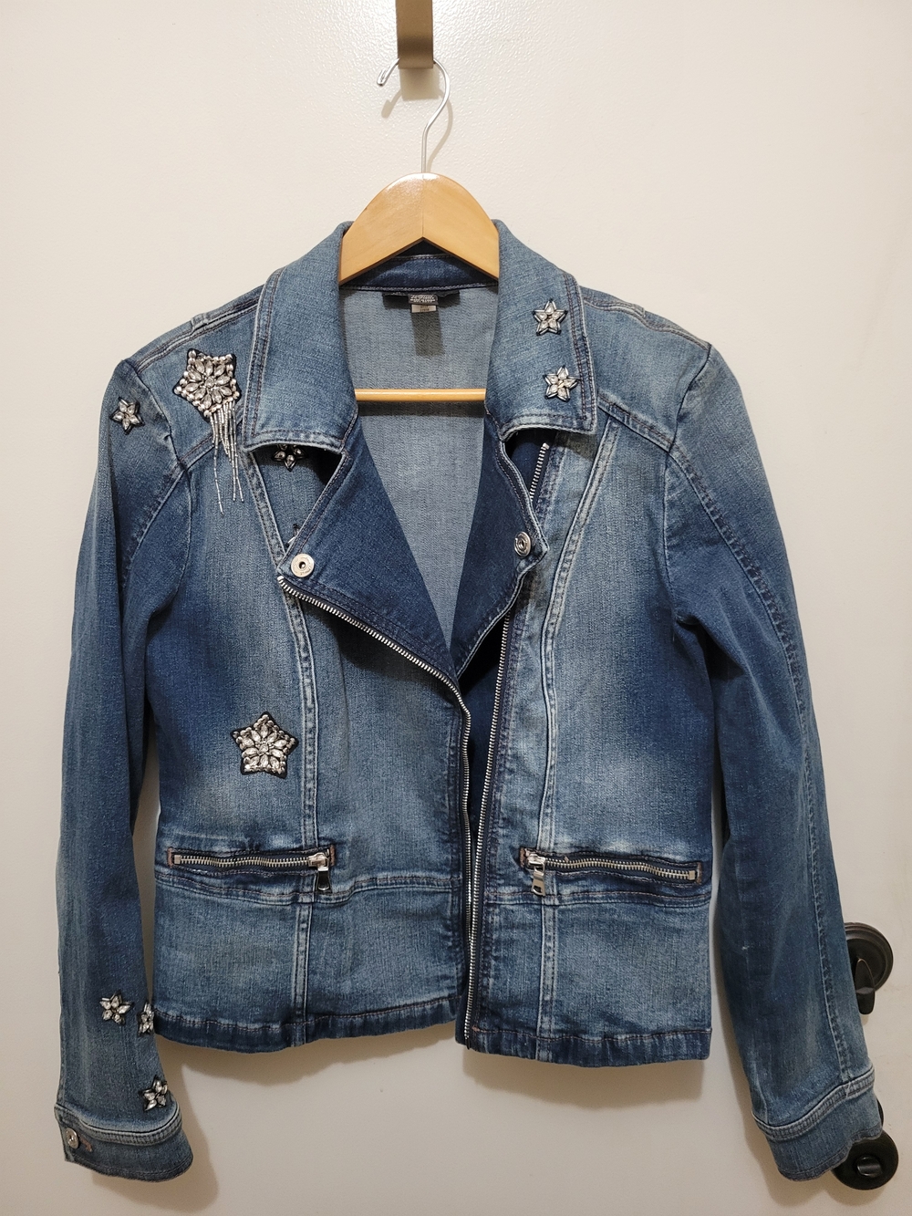 INC International Concepts Blue Denim Jacket with Crystal Star Accents